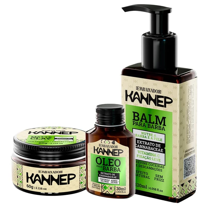 KIT PARA BARBA E CABELO KANNEP - 1 BALM BARBA + 1 PASTA MATTE + 1 ÓLEO BARBA EMBAIXADOR
