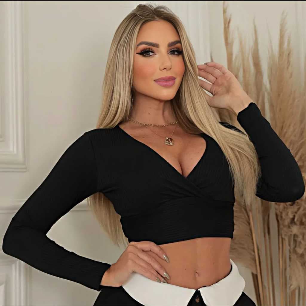 Cropped Feminino Gola Frente Transpassada Manga Longa
