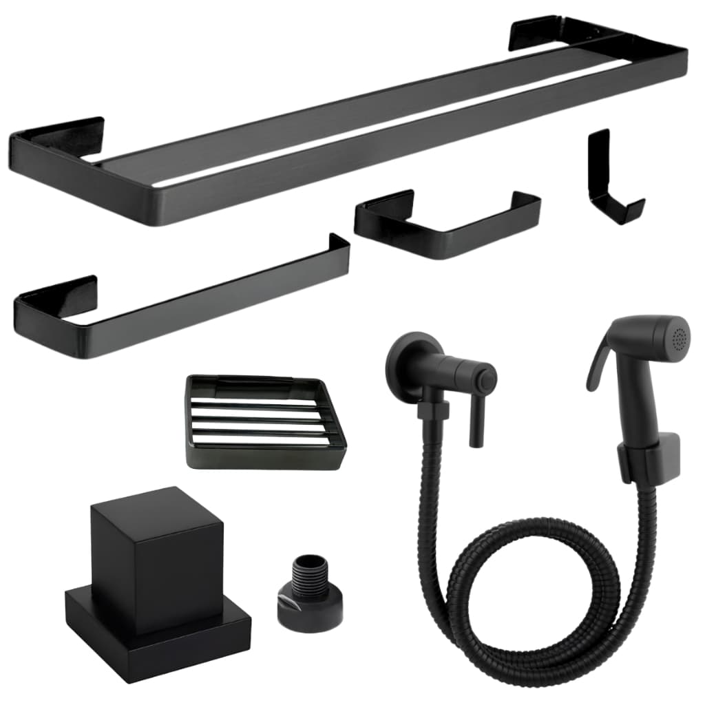 Kit Acessórios Duplo Banheiro Preto Fosco + Ducha Higiênica + Acabamento Docol + Saboneteira