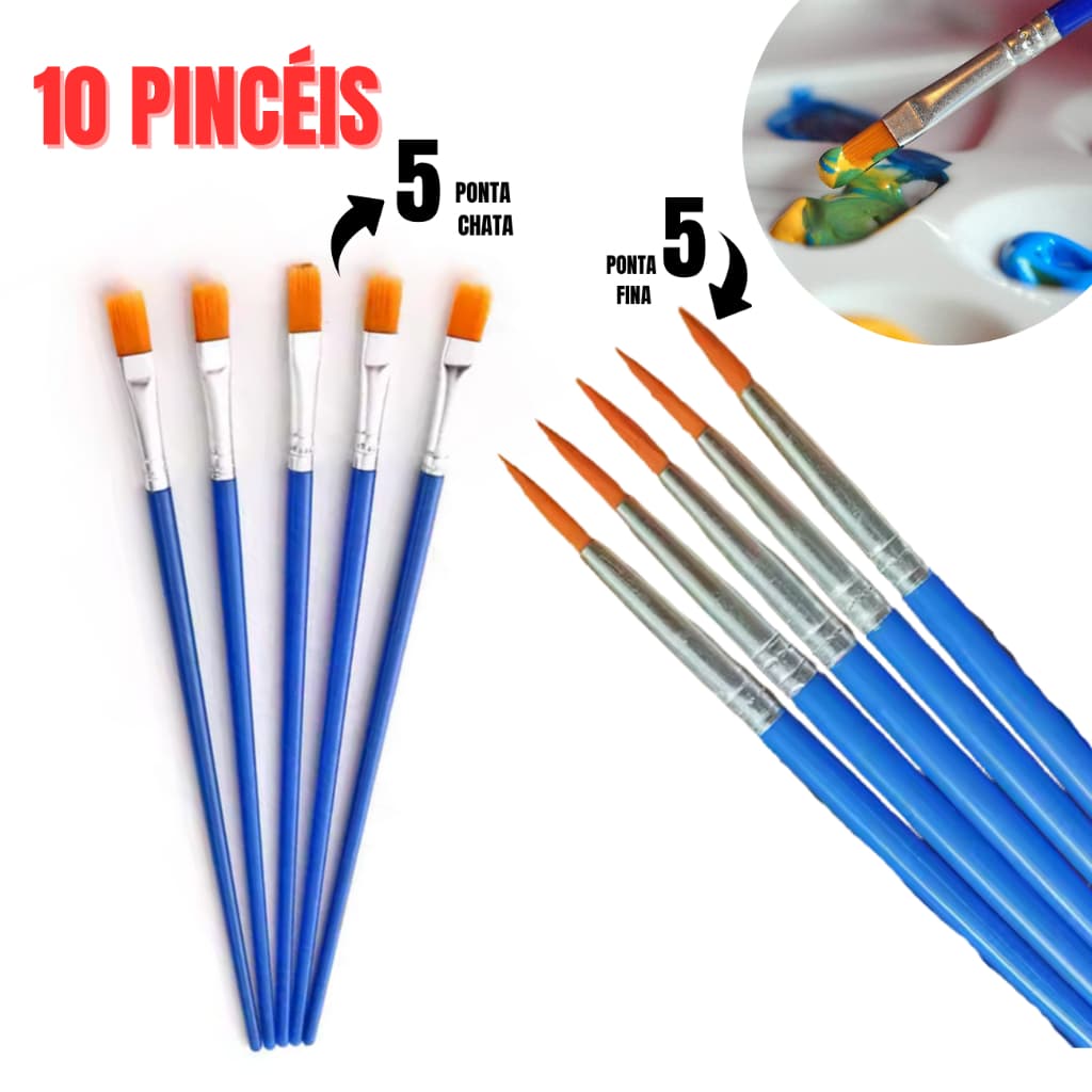 Kit 10 Pincéis Artesanato Pintura Ponta Fina E Chato