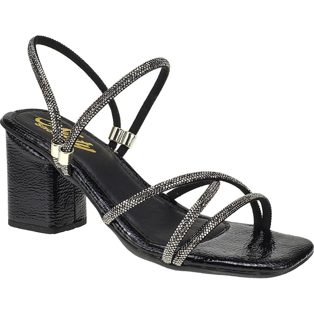 Sandália Naty Shoes Tamanco Preto Verniz Strass Feminina Verniz Molhado Salto Alto Grosso