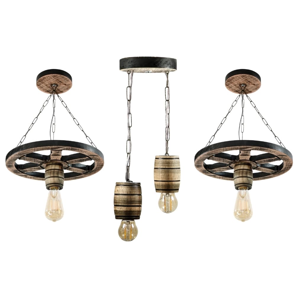 Kit Rústico Colonial De Luminárias Pendentes Com 2 Roda de Carroça e 1 Pendente Barril - Rústico