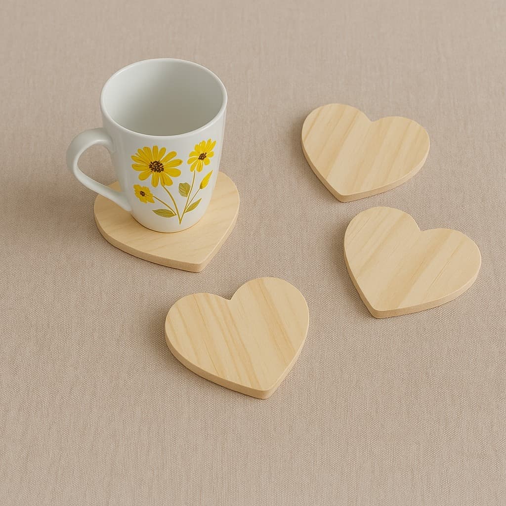 Kit 4 Porta Canecas Copo Formato Coração Madeira Pinus Suporte Apoio Mesa Posta Decoração