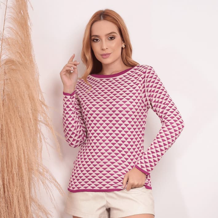Blusa Feminina Tricot Jacquard Manga Longa Moda Outono Inverno Confortável Elegante Casual Moderna