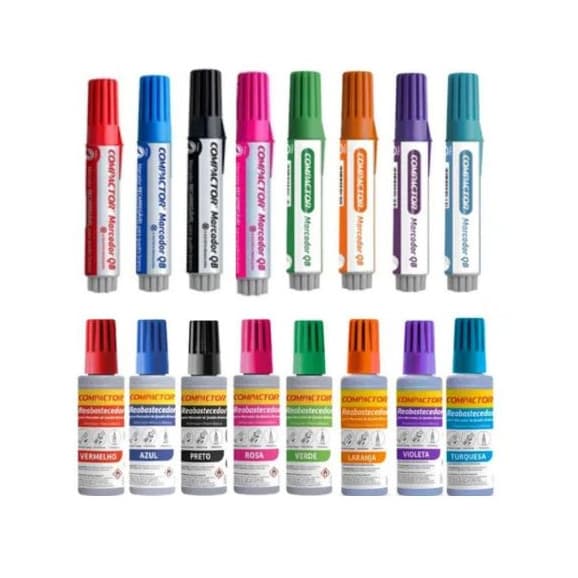 Kit 8 Canetas Quadro Branco Compactor + 8 Reabastecedores