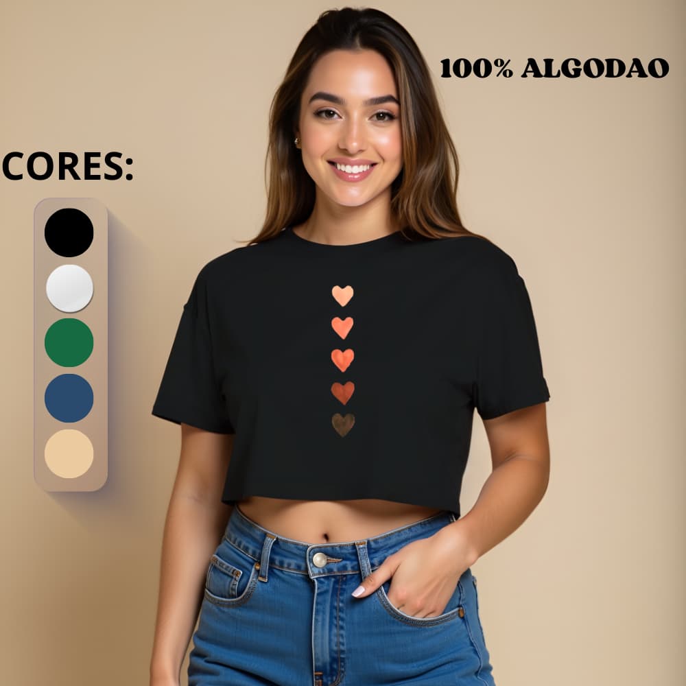 Blusa Cropped Feminina Básica estampa degrade de coração Em Algodão Camisa Camiseta