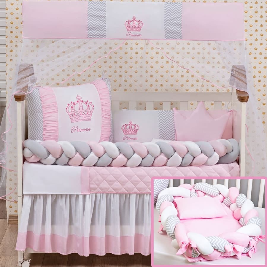 Kit Berço Coroa Rosa 11 Peças Trançado Padrão Americano + Ninho Trança 15 Peças