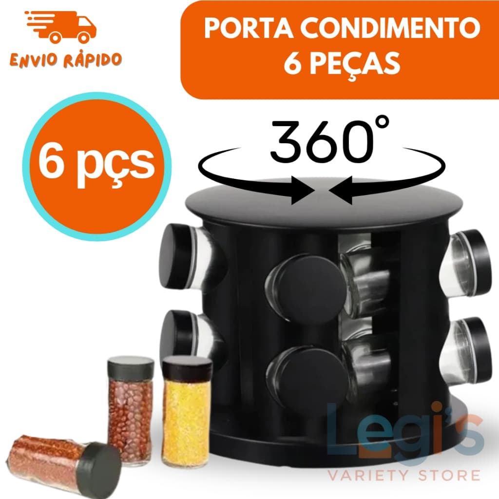 Porta Condimentos Temperos Giratório 6 Potes Tampa Dosadora Prática Minimalista