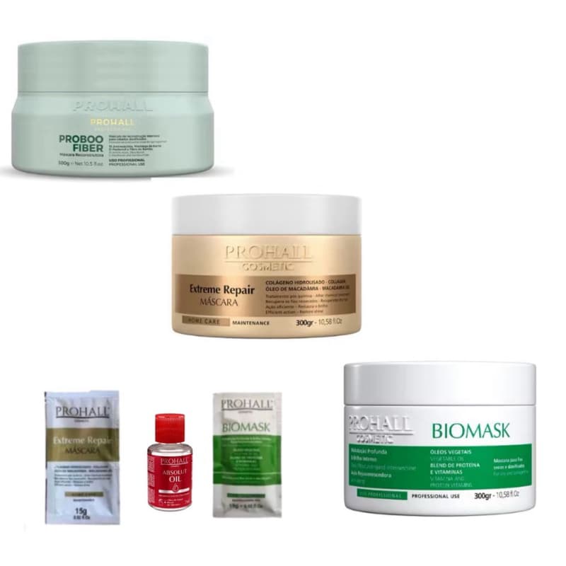 Kit Cronograma Capilar Prohall 300g - Máscaras Proboo Fiber + Extreme Repair + Biomask