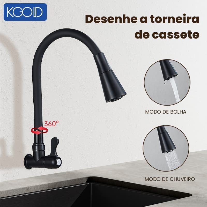 Torneira de cozinha flexível embutida na parede, preta, cônica, 1/4 de volta - Deluxe