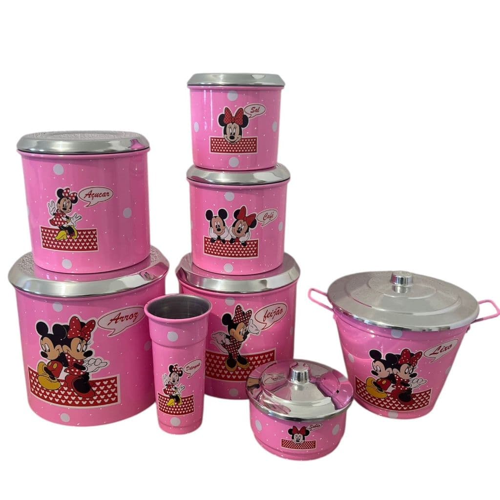 jogo mantimentos 5 peças mais kit pia 3 peças aluminio decorados Minie casal