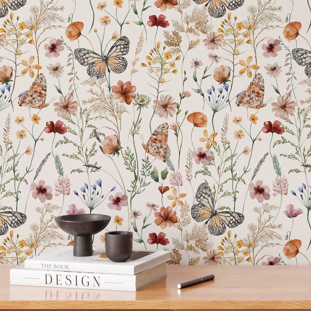 Papel de Parede Adesivo Flores e Borboletas