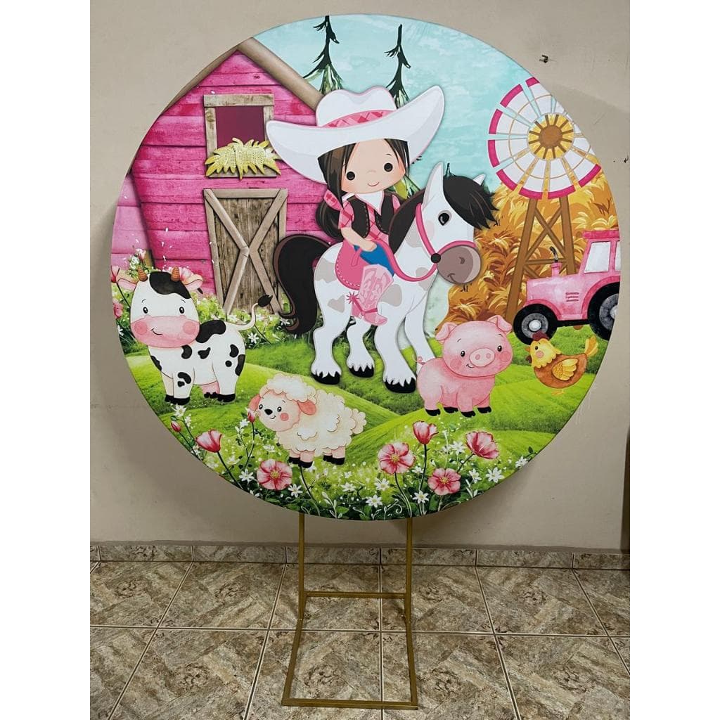 Capa para painel Festa Redondo 1,50mt Malha Sublimado cavalo menina fazendinha boiadeira rosa