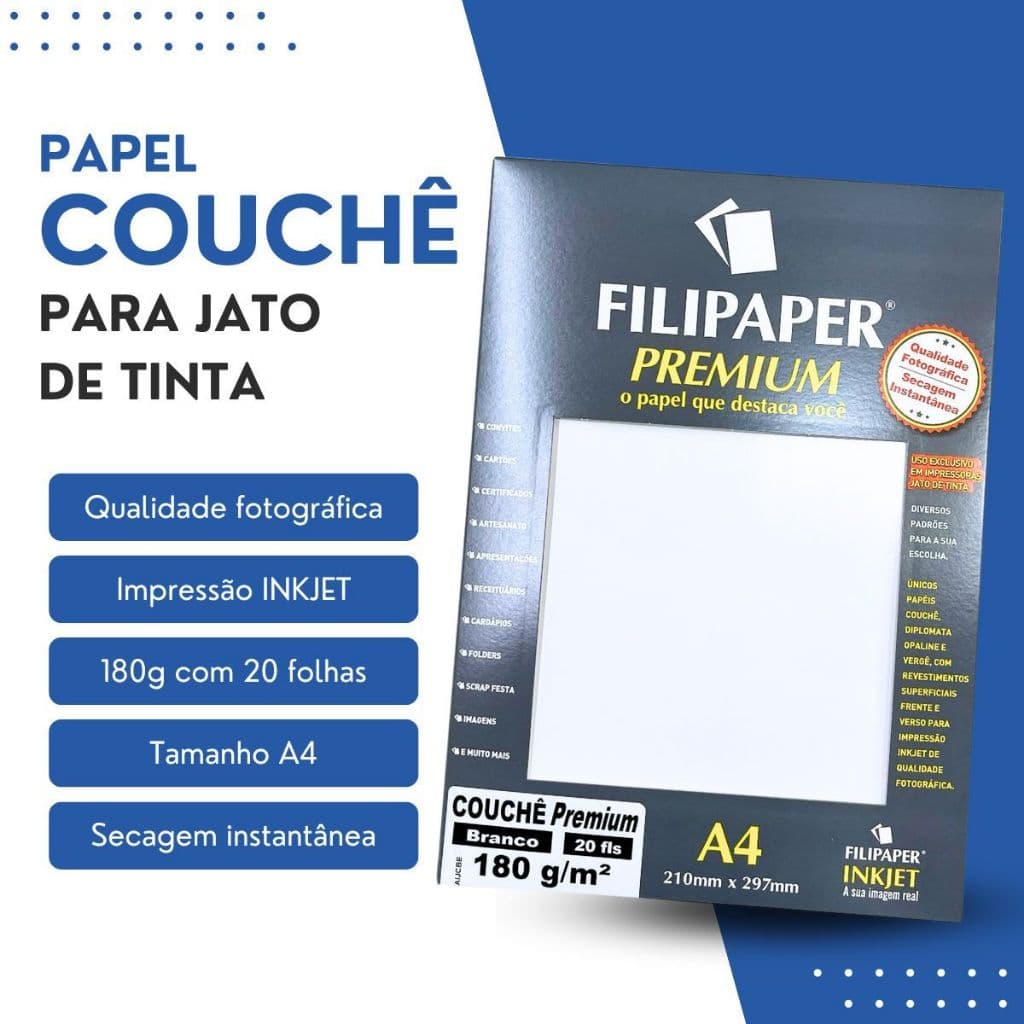 COUCHÊ Brilho para JATO DE TINTA 20 Folhas 180g Filipaper Impressão com Secagem Instantânea Papel de Alta Qualidade