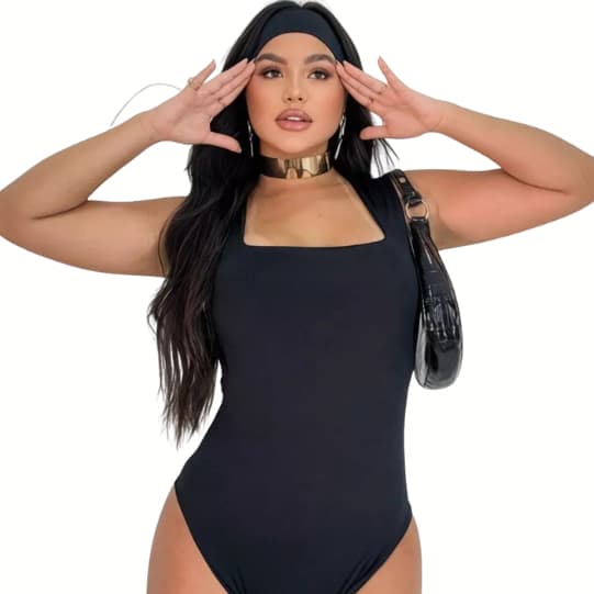 Body Feminino Decote Quadrado Alças Grossas Casual Elegante