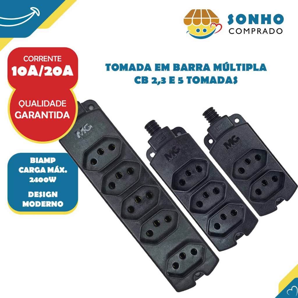 Tomada em Barra múltipla CB 2,3 e 5 tomadas 10A/20A PRE MarGirius