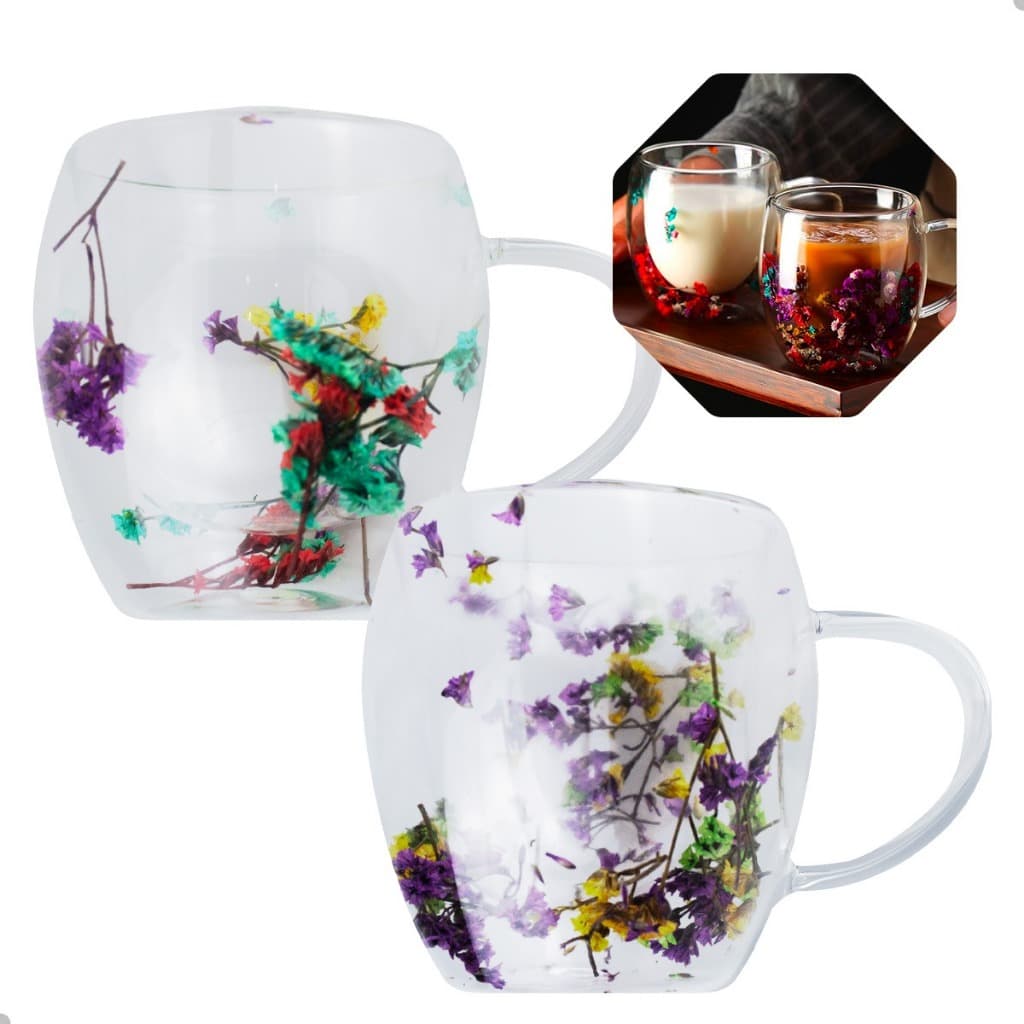 Kit 2 Canecas Vidro Borossilicato Parede Dupla 250ml com Flor Secas Sortidas