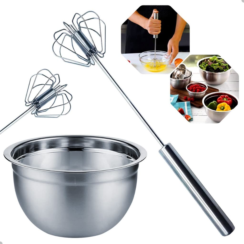 Kit Tigela em Aço Inox 18cm com Batedor Manual para Ovos e Claras, 2 Peças