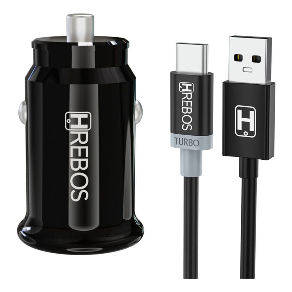 Carregador Veicular Duplo Hrebos Pd 20w Turbo + Cabo Tipo C Cor Preto