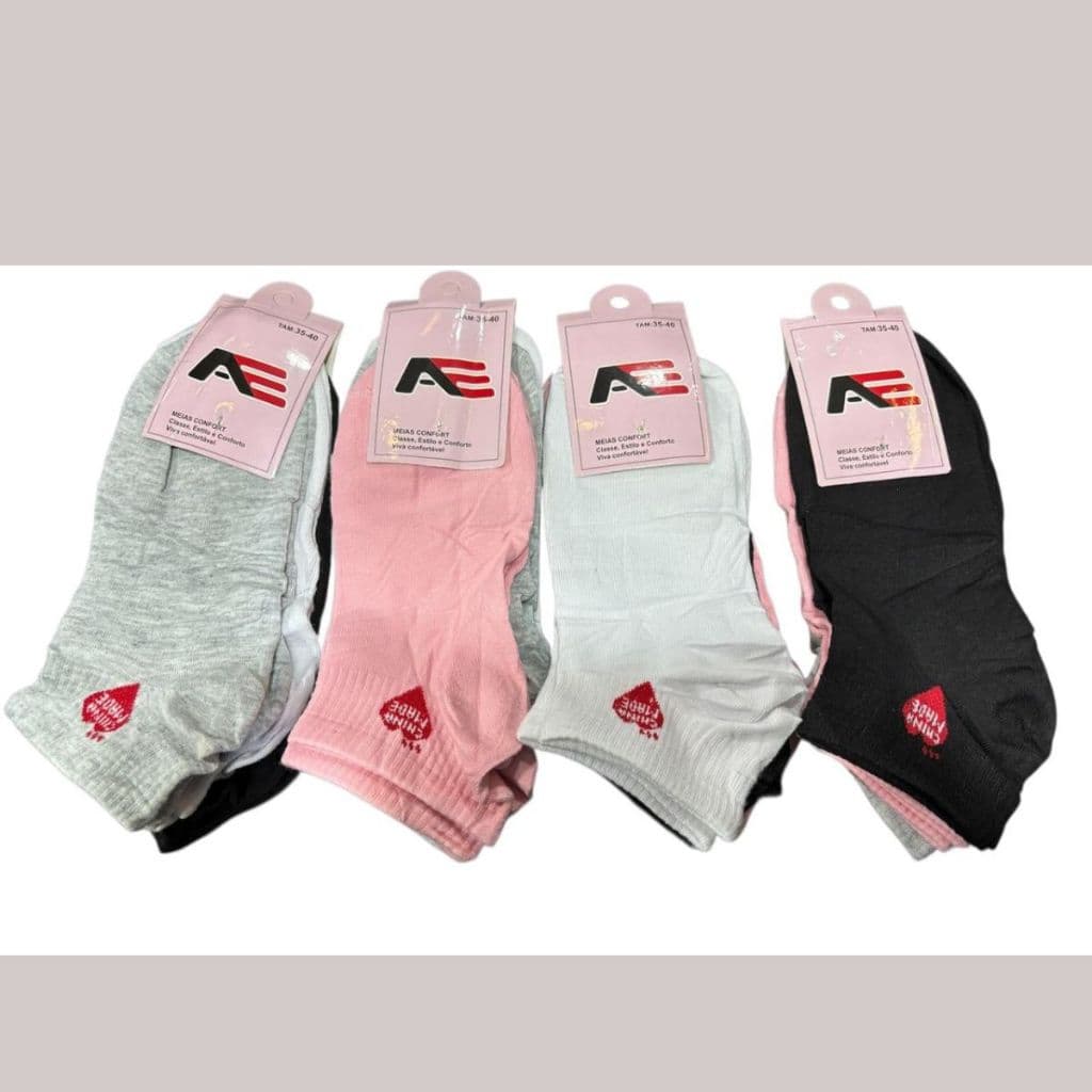 kit 6/12 pares de meias femininas basica 35 a 40 tornozelo