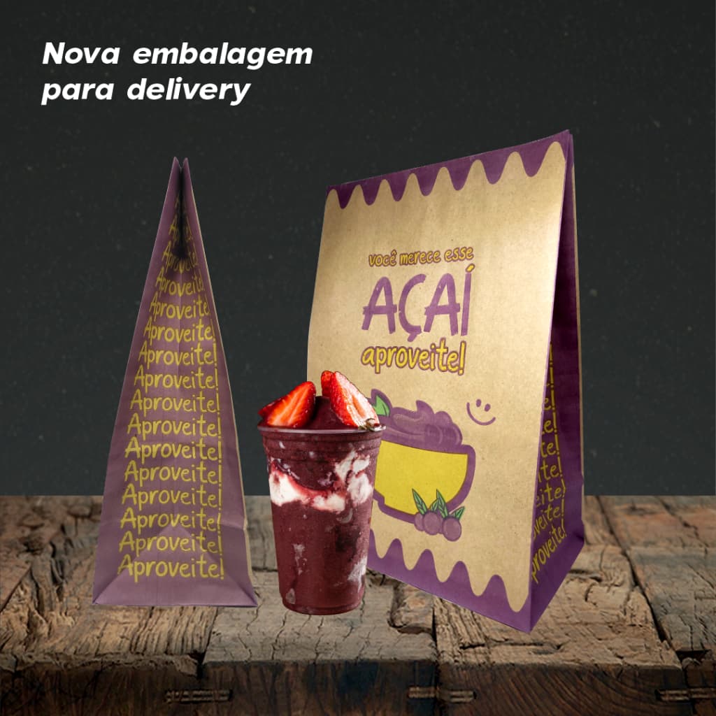 Saco para Delivery Açaí – 50 unidades | Tamanho M 32x22x12cm | Estampa “Você merece esse açaí”