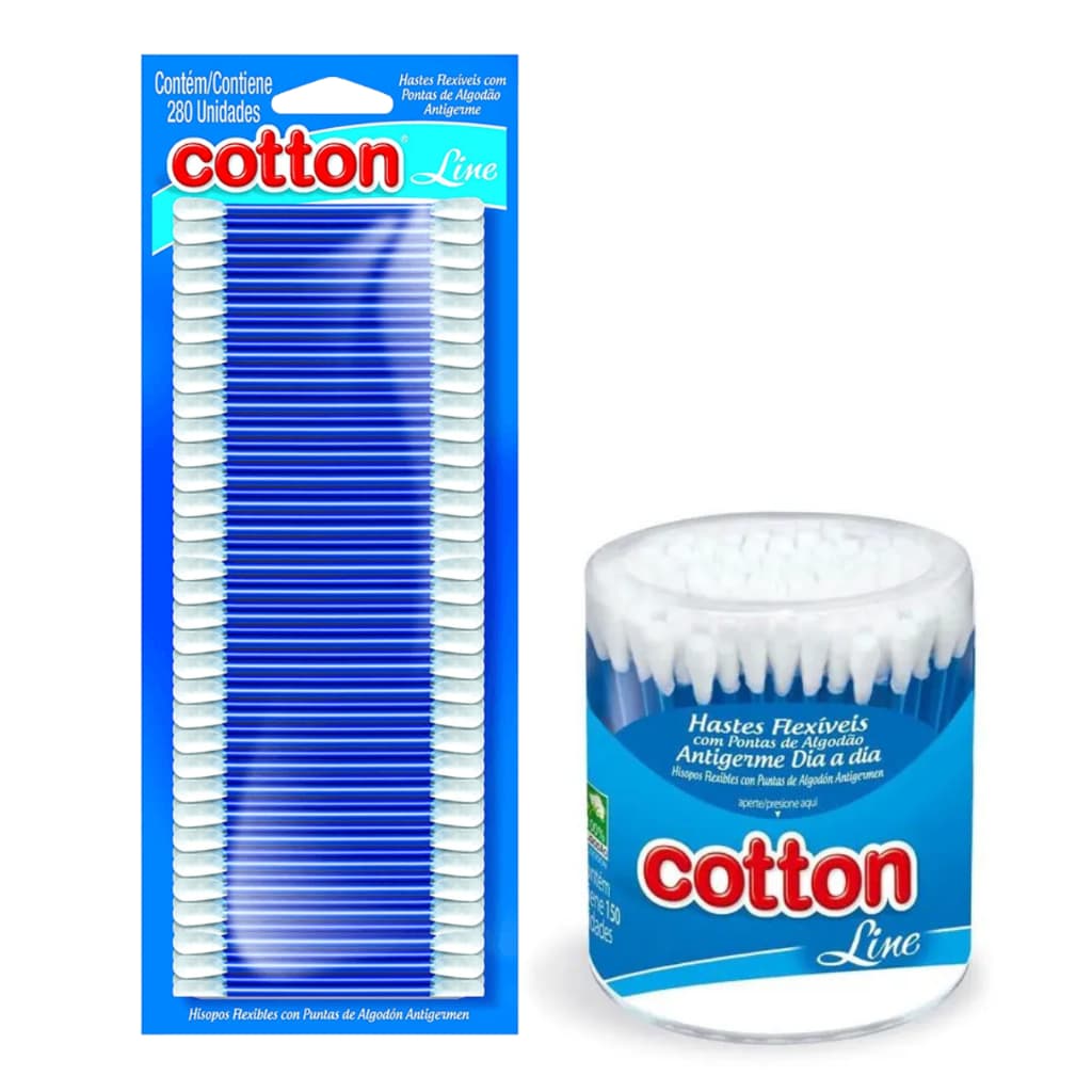 Cotonete Hastes Flexíveis de Algodão Cotton Line Com Pontas Antigermes Pote + Refil Para Chá de Bebê