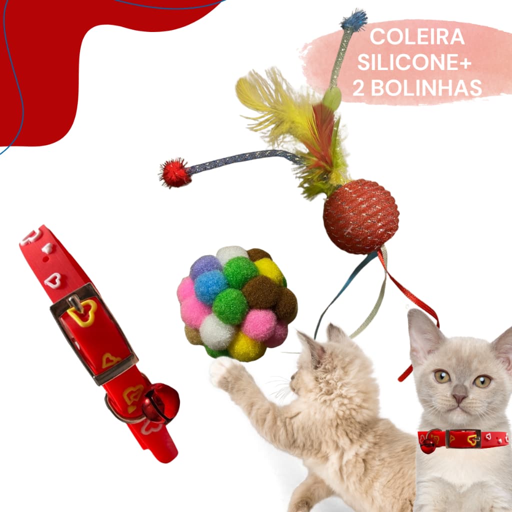 Kit Coleira E Bolinhas Gato - Pet Brinquedos Interativos Pelucia Plumas