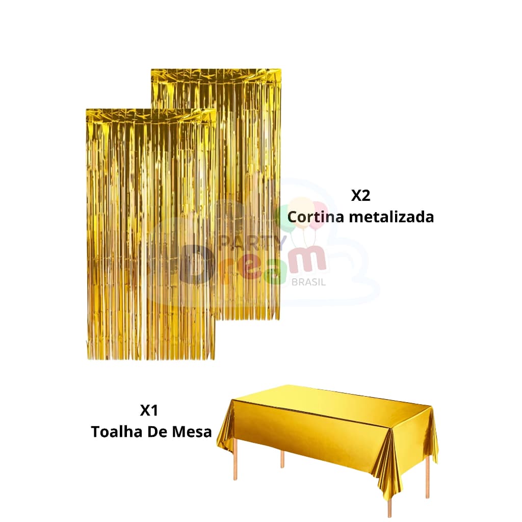Toalha de Mesa + 2 Cortina Metalizada Lisa Brilhante festa decoracao enfeite surpresa aniversario
