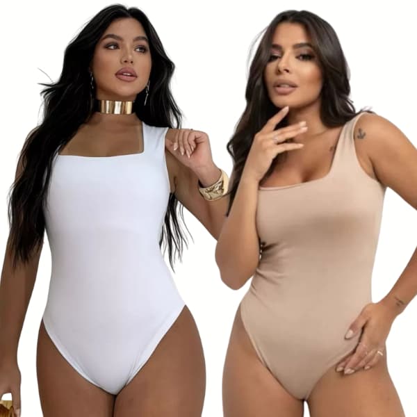 Kit 2 Body Feminino Decote Quadrado Alças Grossas Casual Elegante
