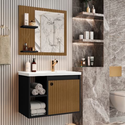 CONJUNTO GABINETE COM ESPELHEIRA E CUBA PARA BANHEIRO 60CM ADONIS RIPADO COM PRETO