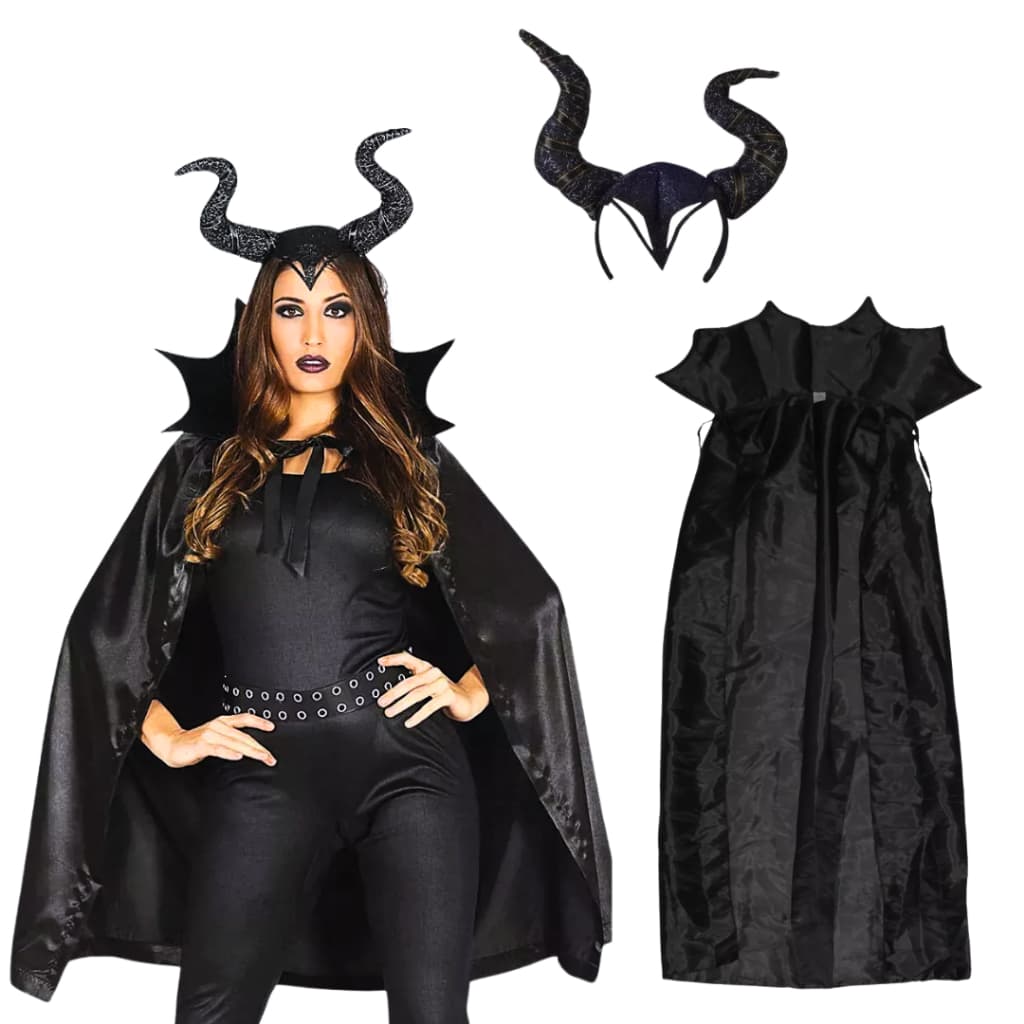 Conjunto Fantasia Malévola Adulto Carnaval Halloween Tiara Bruxa Bloquinho Festa Capa Cetim Tamanho Único
