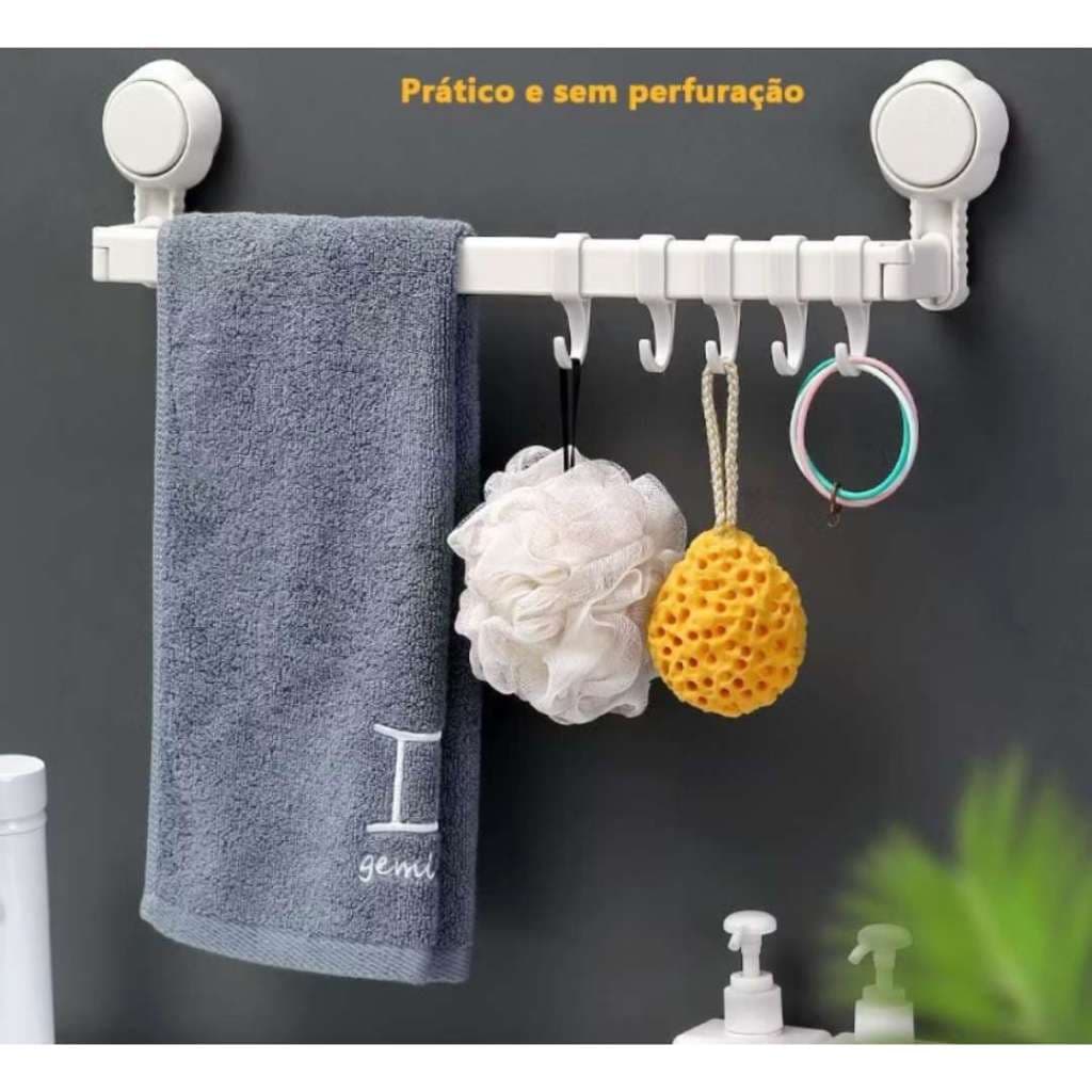 Porta Toalha Com Ventosa Platico De Parede Com Ganchos Para Banheiro e Cozinha
