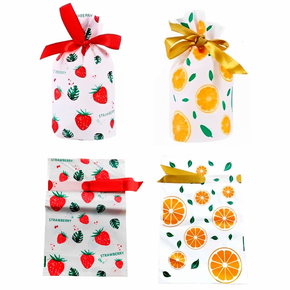 Kit 12  Sacos Para Presente Estampa de Frutinhas com Fitinha Frutas