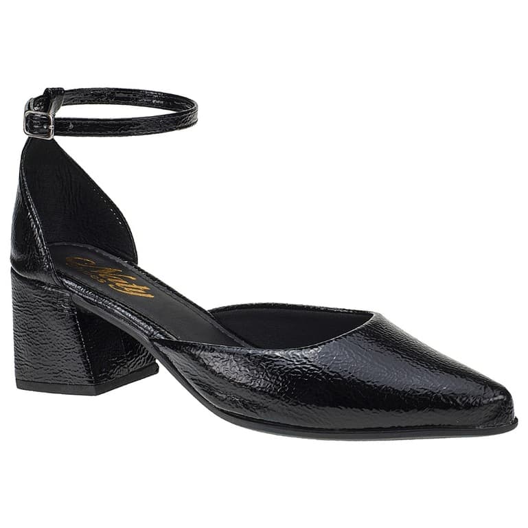 Sapato Feminino Scarpin Preto Social Traseiro Fechado com Fivela Salto Bloco Bico Fino
