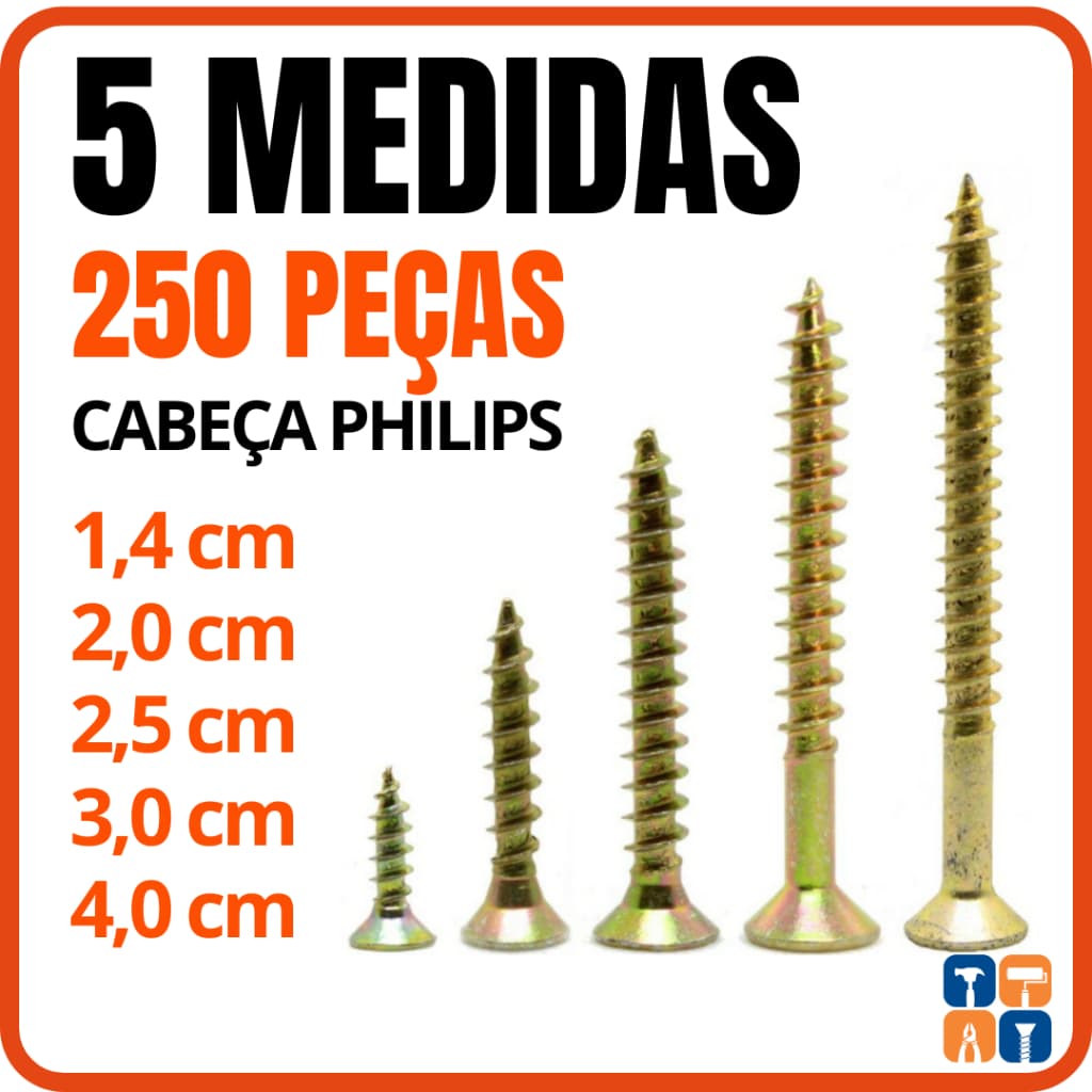Kit Parafusos para Madeira MDF Móveis Marcenaria Parafuso Philips Chipboard 14 - 20 - 25 - 30 - 40mm