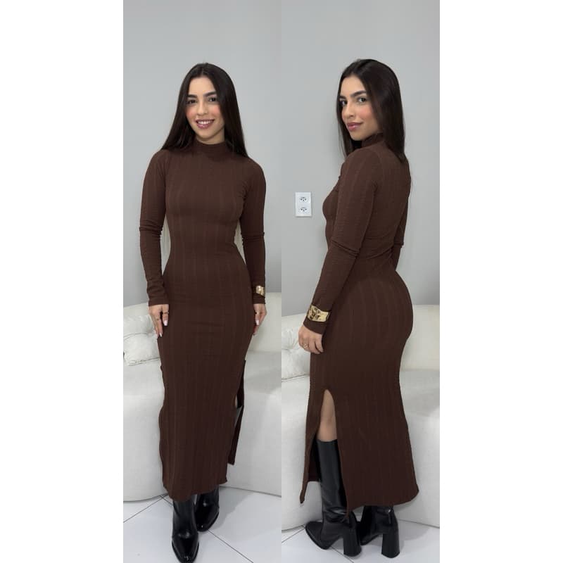 Vestido Feminino Midi Manga Longa Gola Alta Fenda Lateral vestido justo Moda Feminina Inverno Tendência