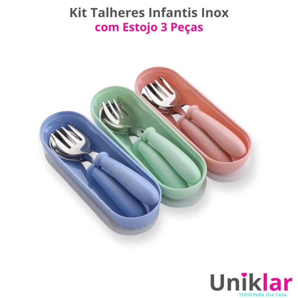 Kit Talheres Infantis Inox 304 com Estojo 3 Peças Colher e Garfo