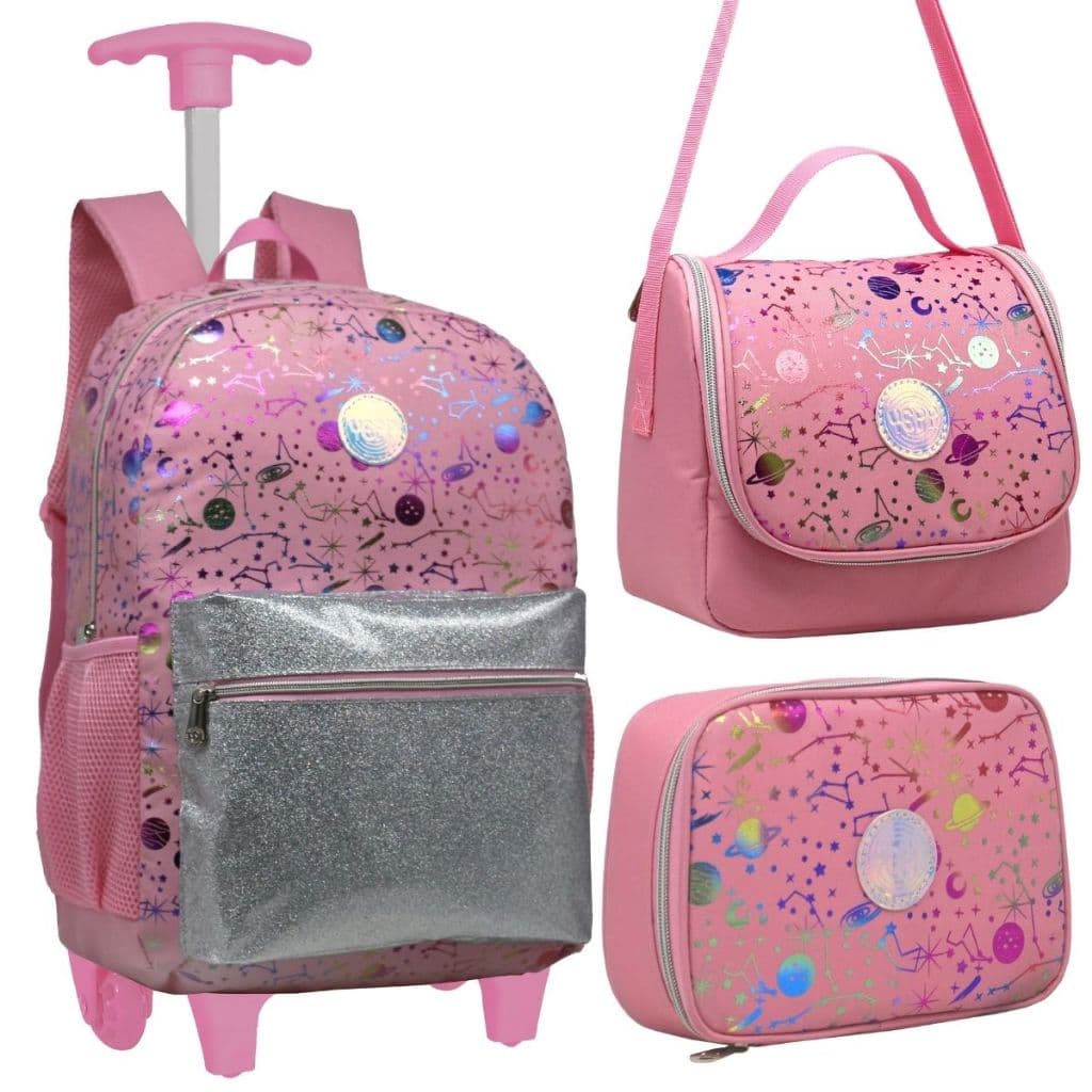 Kit Mochila com Rodinha Escolar Feminina Lancheira Estojo Menina Kit Completo Espacial Planetas