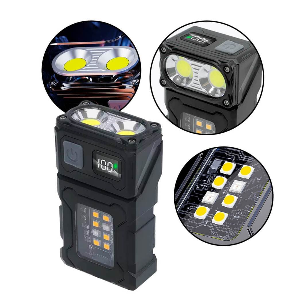 Lanterna Tática Multifuncional LED Recarregável Clip Ímã Power Bank Visor Digital Luz Lateral COB