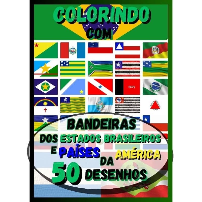 Kit 50 desenhos Grandes Infantil para colorir Bandeiras Mundo Países América Asia Europa Africa e Oceania