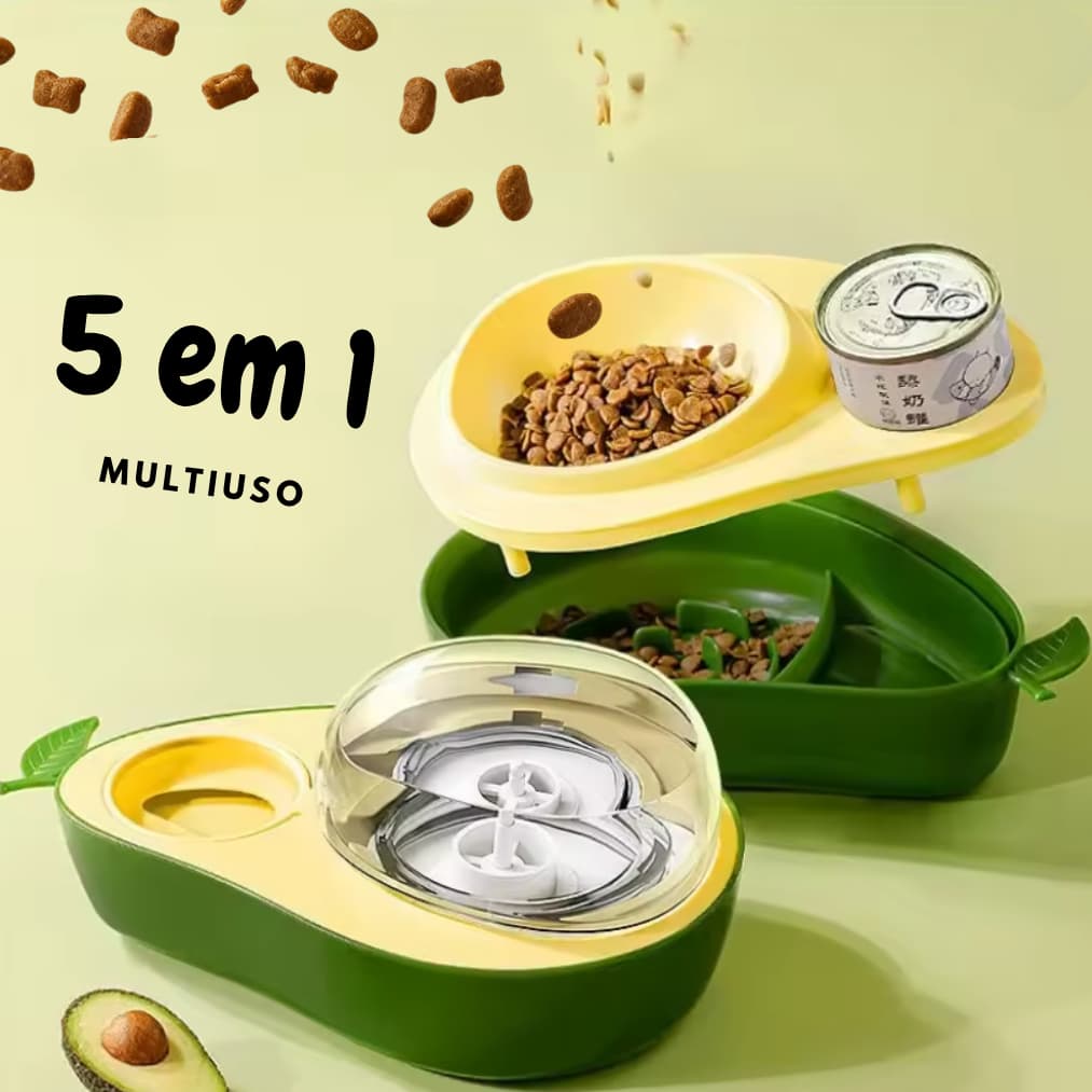 Comedouro e Bebedouro Luxo 5 em 1 Reservatório Automático p/ Viagem e Comedouro Lento Abacate Pet