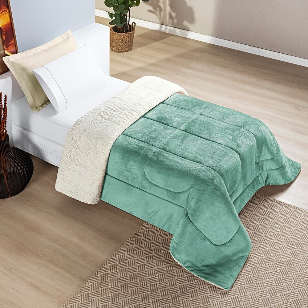 Edredom Coberdrom Cobertor Cama Solteiro Dupla Face c/ Sherpa e Manta Flannel