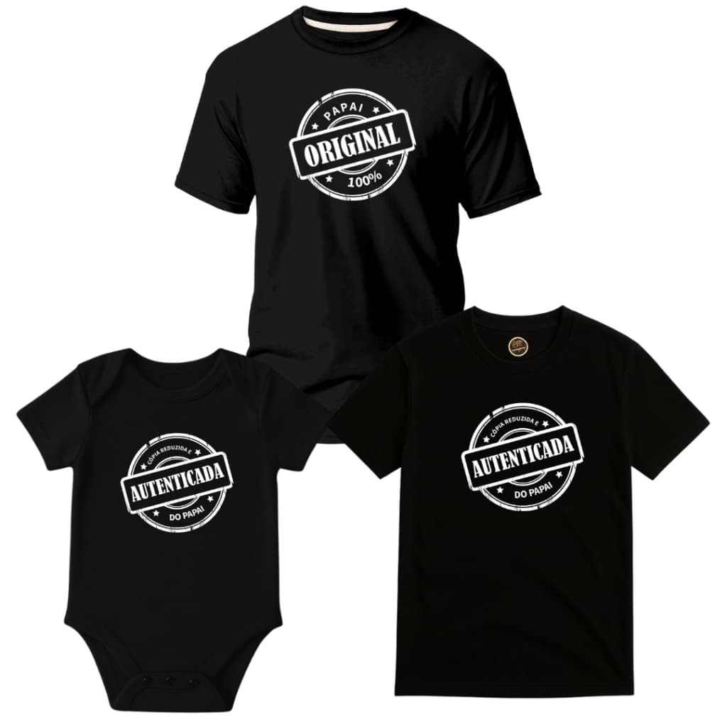 Kit Tal Filho Cópia Autenticada e Reduzida do Papai Camiseta e Body Algodão 2 peças PRETO