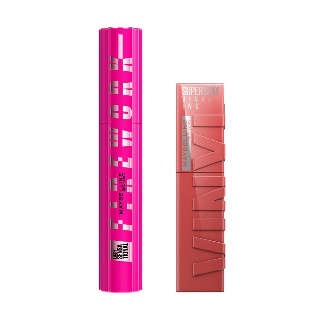 Kit Batom Vinyl Ink Super Stay Peachy + Máscara de Cílios Firework Lavável