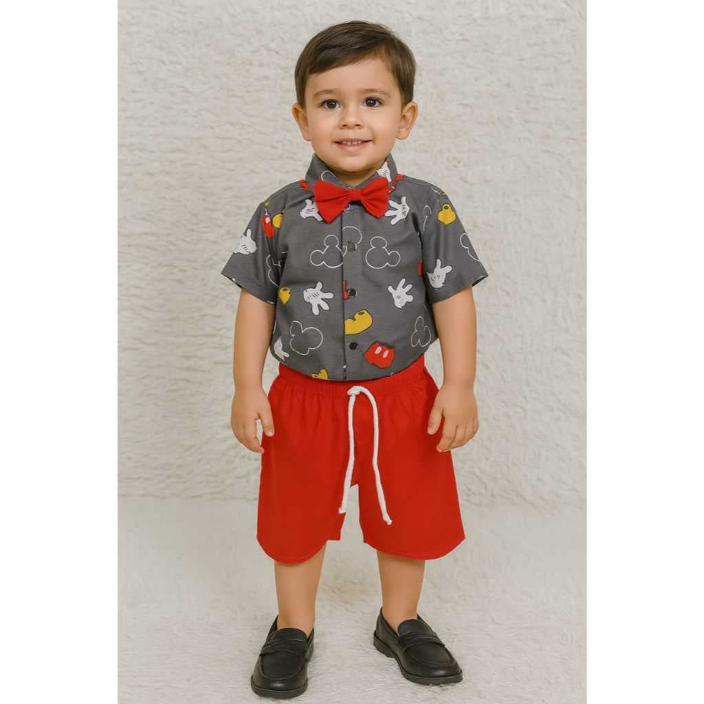 CONJUNTO TEMÁTICO INFANTIL MICKEY MOUSE MÃOZINHA CAMISA, BERMUDA E GRAVATINHA MENINO