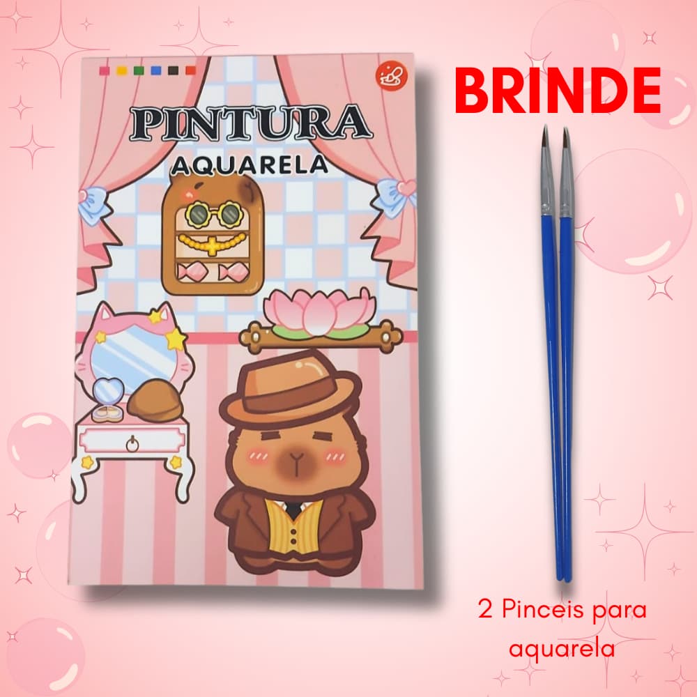 Livro De Colorir Aquarela Tinta Inclusa Capivara 24 Desenhos Brinde 2 Pinceis