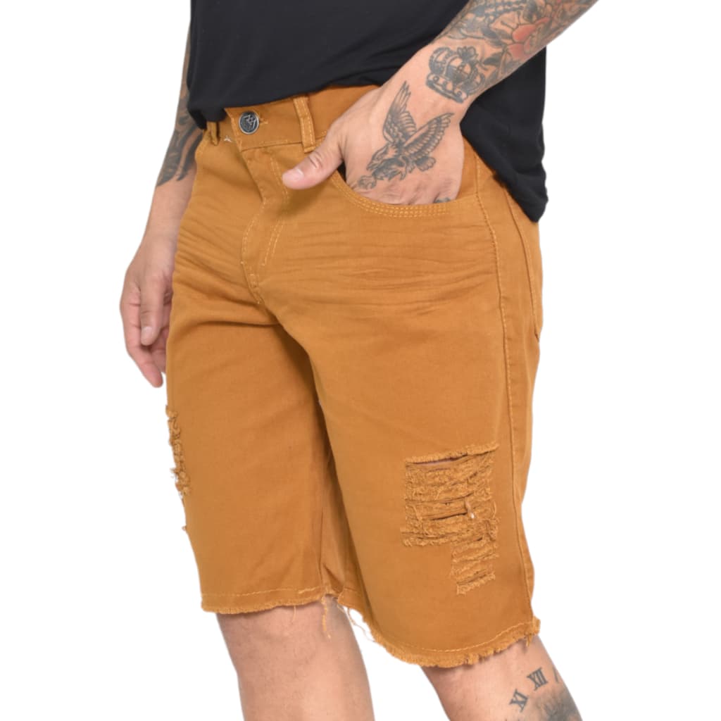 Bermuda Caramelo Jeans Destroyed Rasgada Masculina Verão