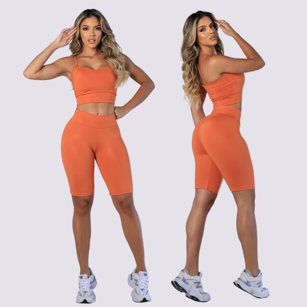 Conjunto fitness feminino short bermuda e top com bojo removivel Suplex academia treino corrida