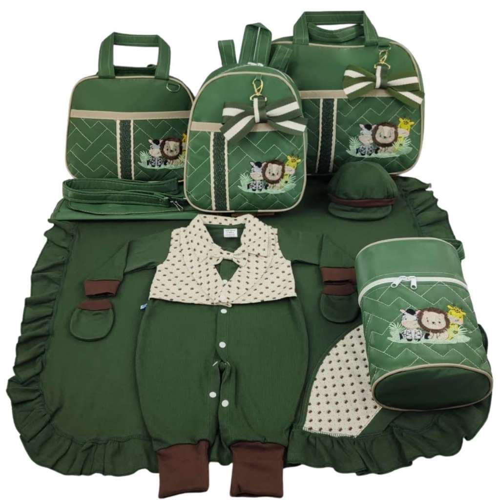Kit Bolsa Maternidade Menino 5 Peças Safari ou Urso Chevron + Saída Maternidade - Opções Laços de Luxo
