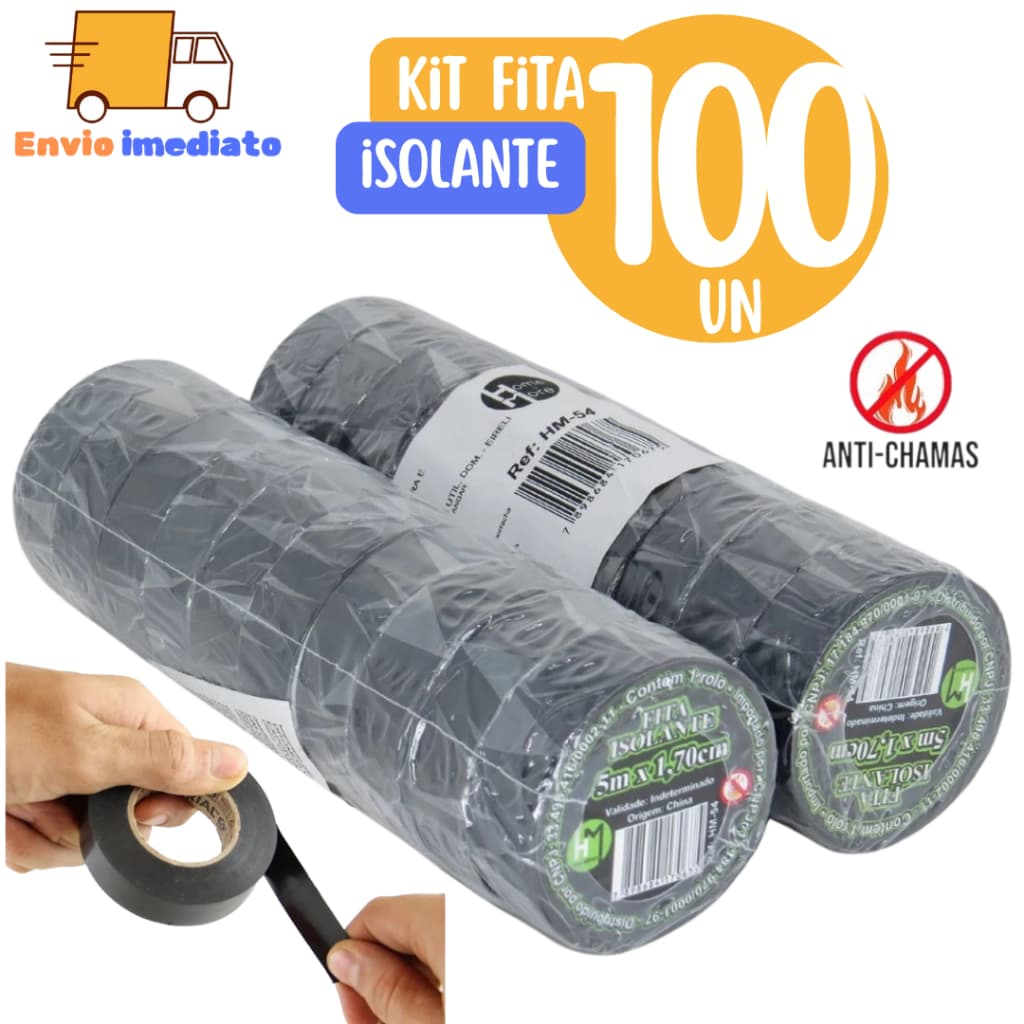 Kit 100 Fitas isolante Antichama Preta para Eletricista uso Geral Domestico e Industrial - 5m